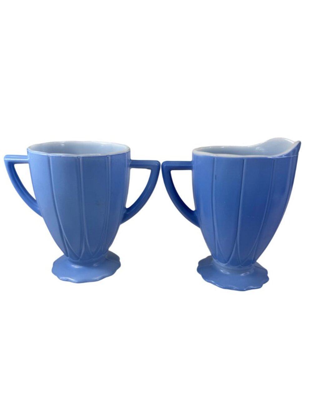 Vintage Hazel Atlas Platomite Newport Blue Milk Glass Sugar and Creamer Hairpin - Picture 8 of 11